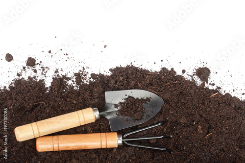 garden tools in soil isolated on white background with copy space for your text. Top view