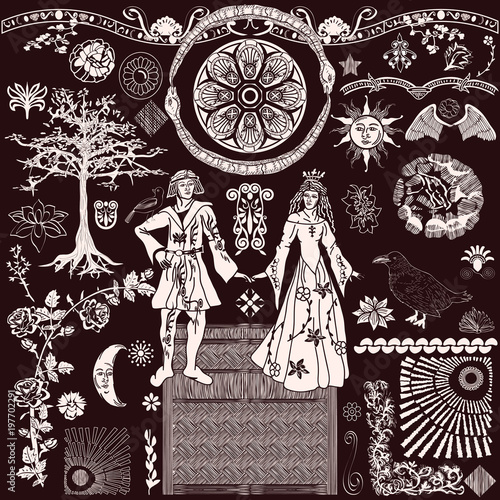 Medieval Woodcut Vector Kit - Backgrounds Objects Furniture Characters & Elements