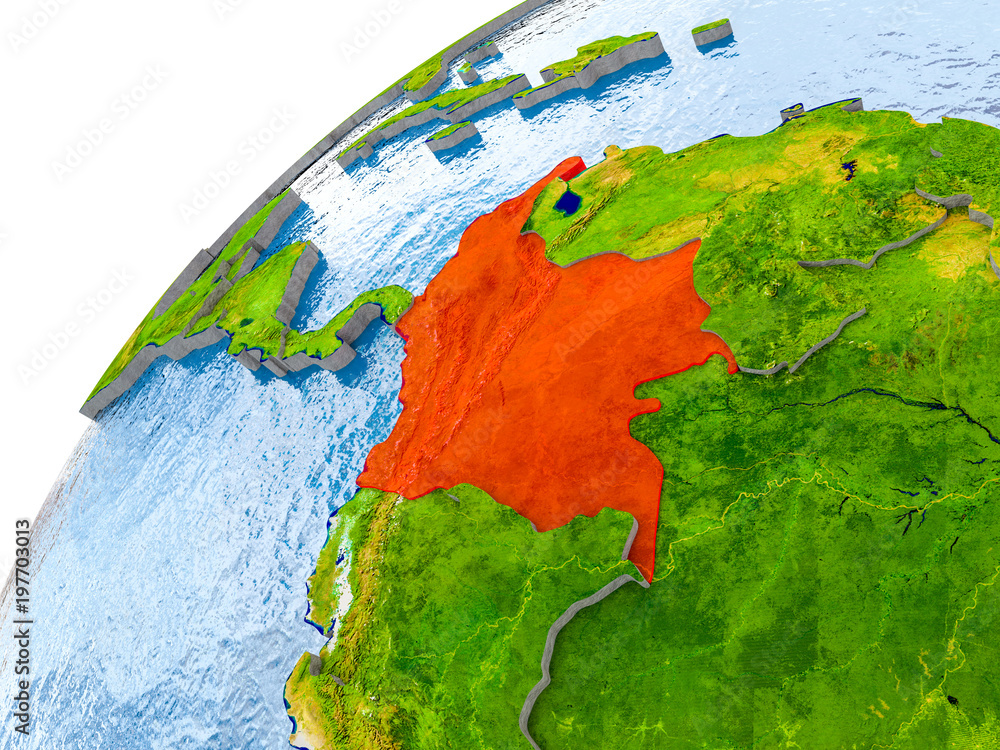 Map of Colombia in red on globe