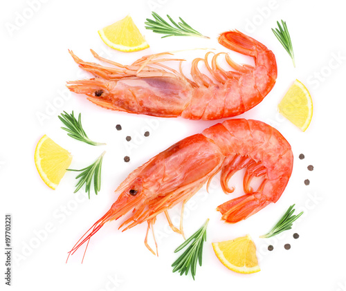 Red cooked prawn or shrimp with rosemary and lemon isolated on white background. Top view. Flat lay