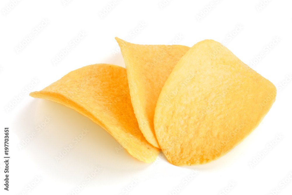 three potato chips on white background close-up three potato chips on white background close-up