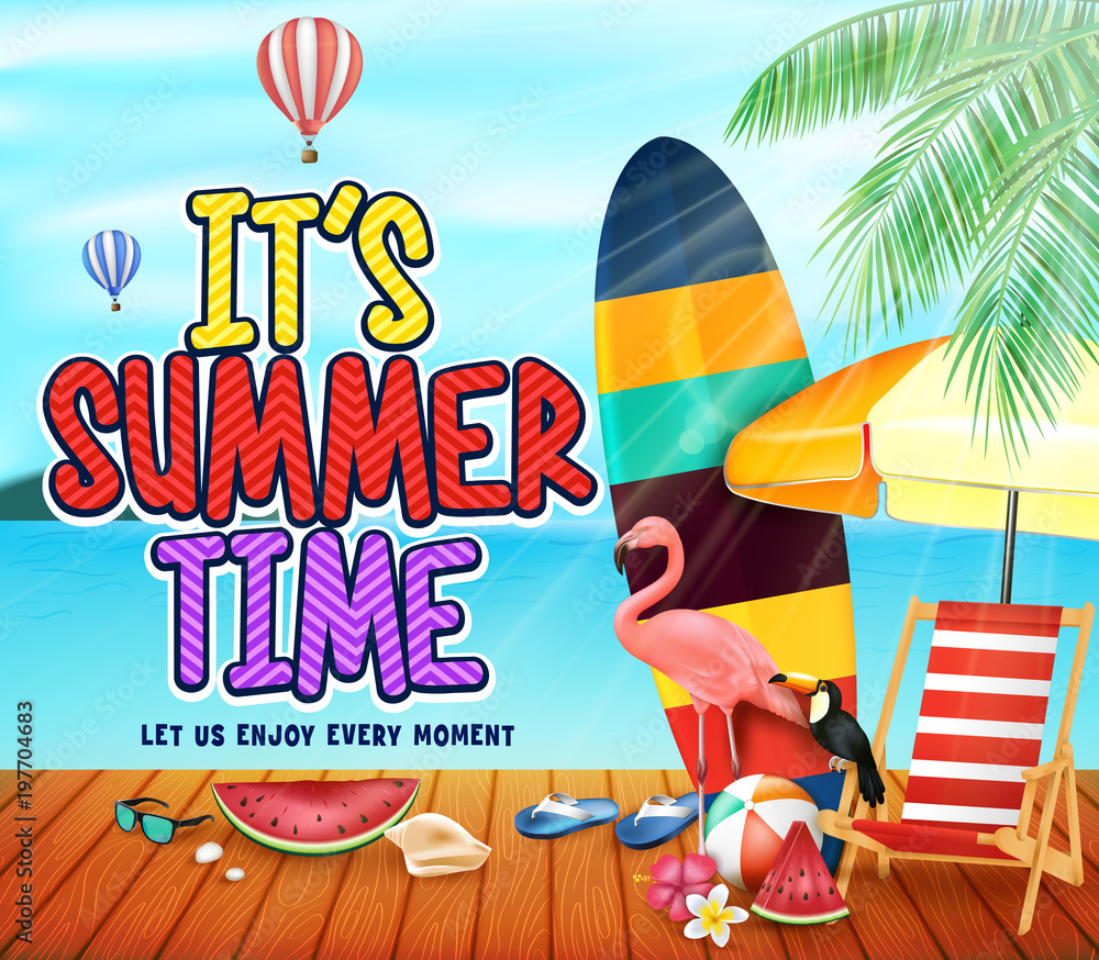 Obraz premium It's Summer Time Wooden Pier View at The Beach with Hot Air Balloons, Flamingo, Toucan, Watermelon, Bench, Umbrella, Surfboard, Seashell, Sunglasses and Palm Leaves. Vector Illustration 