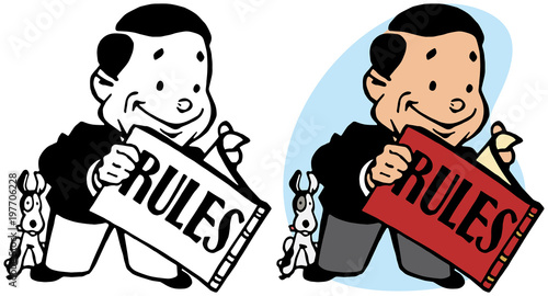 A smiling man consults a rule book for instructions.