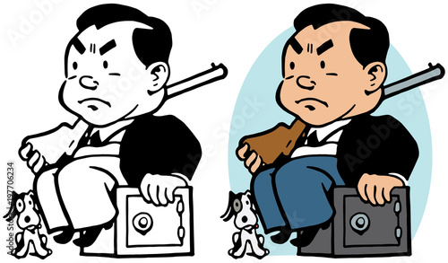 A man guarding his safe with a shotgun and his dog.