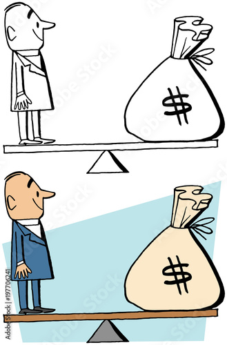 A man balances himself against a sack of money.