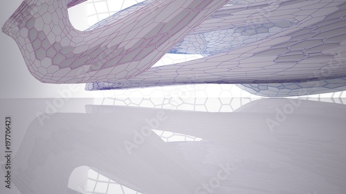 Abstract drawing white parametric interior with window. Polygon colored drawing. 3D illustration and rendering.