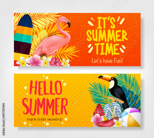 Hello Summer and It's Summer Time Creative Banners in Isolated Background. Vector Illustration
