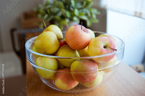 The large glass bowl of ripe garden apples.