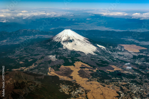Aerial view of Mount Fuji volcano with a snow cap in Japan
