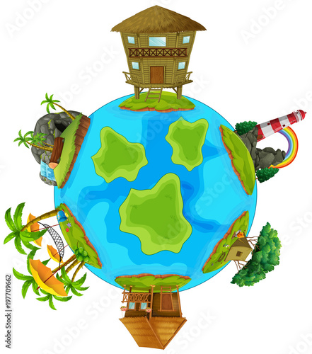 Different buildings on island around the earth