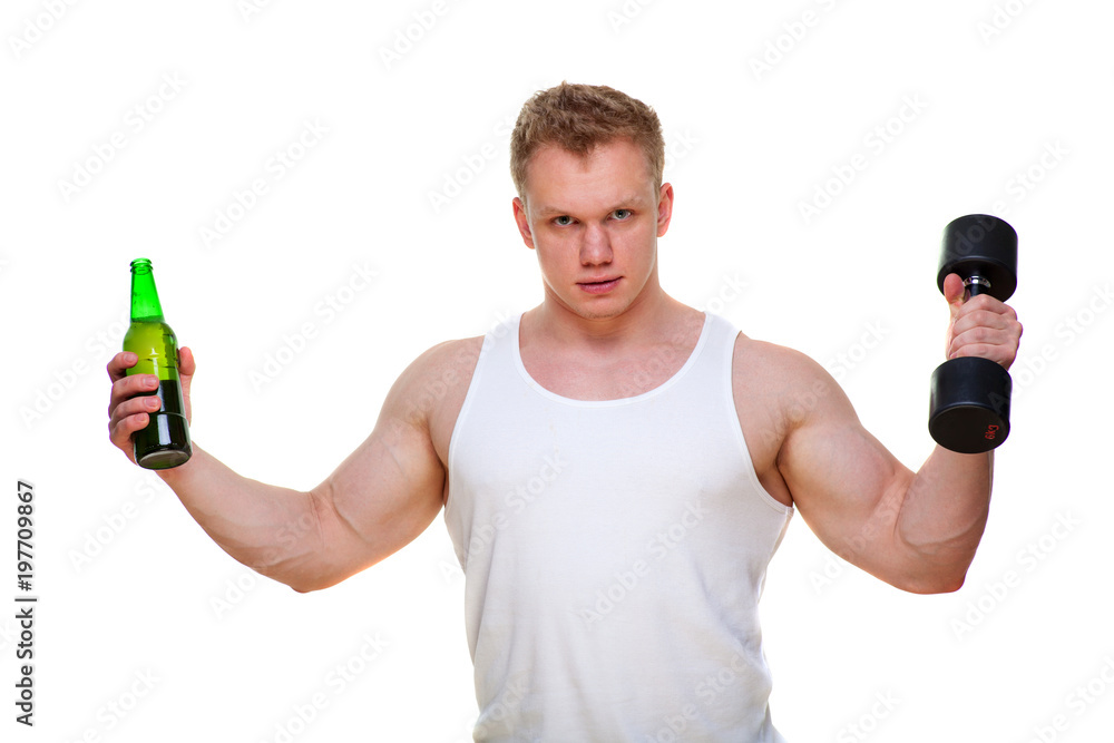 Fat man with a bottle of beer holds dumbbells isolated on white. The concept of choosing between harmful food and a healthy lifestyle. Portrait of overweight person who spoiled healthy meal . Junk