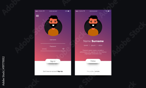 Log In and Sign Up UI UX Screen Design With Profile Details and Illustration of Beard Man