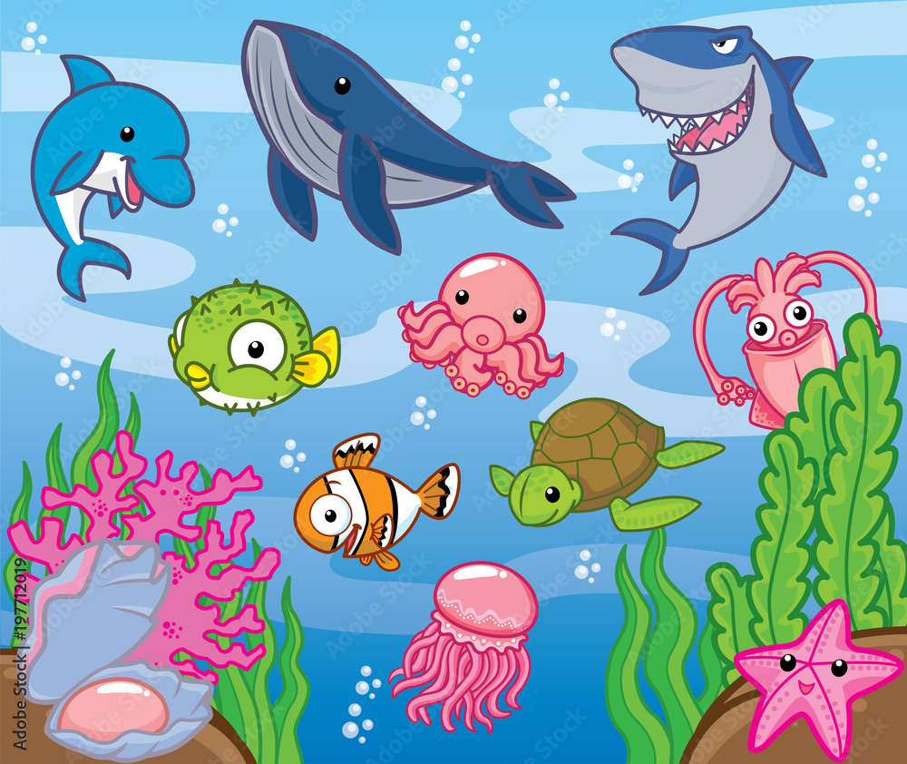 Sea animals, cute vector