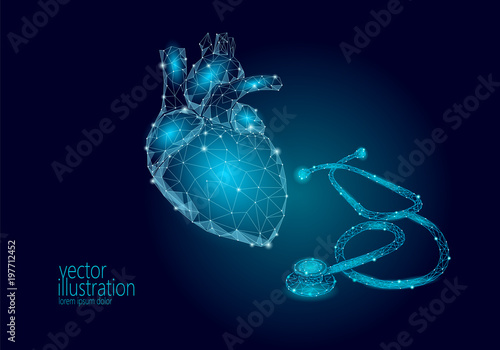 World Heart health Day awareness infarct attack prevent. Medicine low poly render human organ stethoscope polygonal geometric vector illustration art