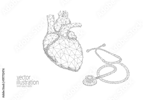 World Heart health Day awareness infarct attack prevent. Medicine low poly render human organ stethoscope polygonal geometric vector illustration art