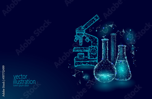 Low poly science chemical glass flasks. Magical equipment microscope zoom lens polygonal triangle blue glowing research future technology business medicine concept vector illustration