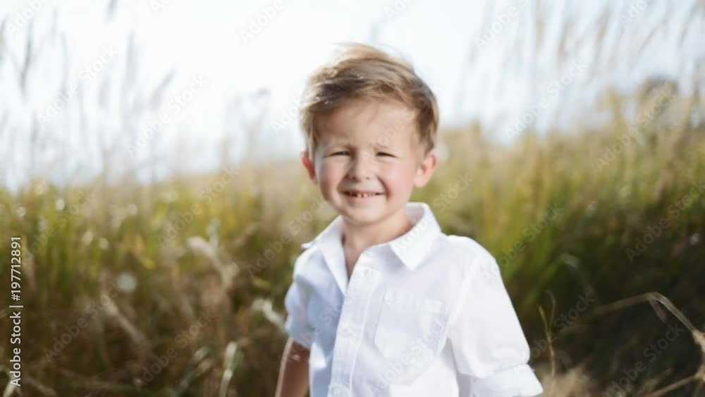 Adorable little kid standing in the middle of field, plays with natural wheat spike. Having fun, joyful mood, going for a walk. Summer, sunny weather. Happiness, positive emotions. Slow motion, Adorable little kid standing in the middle of field, plays with natural wheat spike. Having fun, joyful mood, going for a walk. Summer, sunny weather. Happiness, positive emotions. Slow motion,