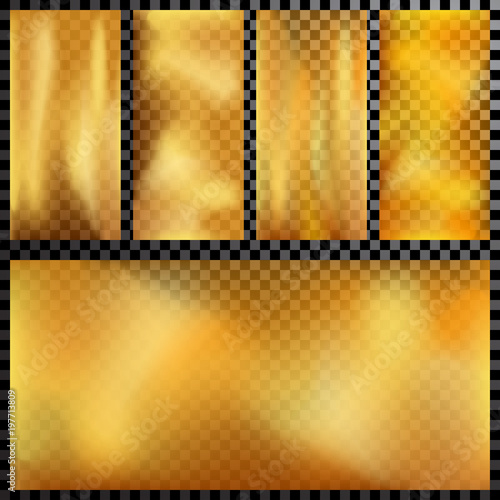 Transparent golden vector background texture set. Light, realistic, elegant, shiny, metallic and empty golden gradient illustration.