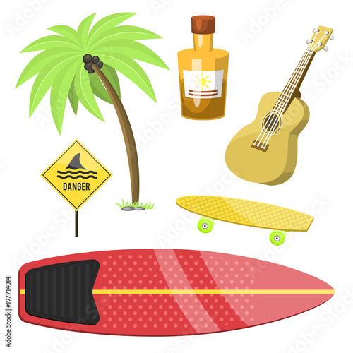 Surfing active water sport surfer summer time beach activities windsurfing jet water wakeboarding kitesurfing vector illustration.