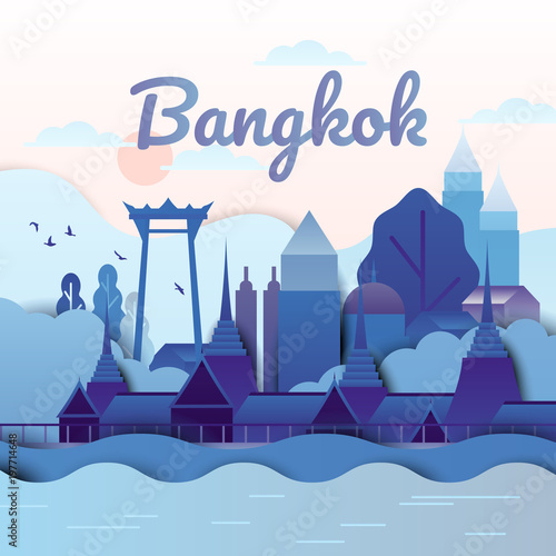 Famous places in Bangkok, Thailand, blue and purple tones, paper cutting style