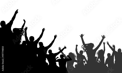 Cheerful people crowd applauding, silhouette vector. Party, applause. Fans dance concert, disco