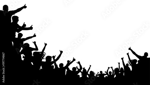 Crowd of people shows the index finger up. Thumb up class. Cheerful people crowd applauding, silhouette. Party, applause. Fans dance concert, disco spectators, audience