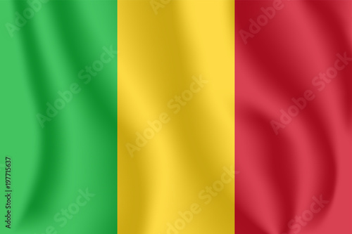 Flag of Mali. Realistic waving flag of Republic of Mali. Fabric textured flowing flag of Mali.