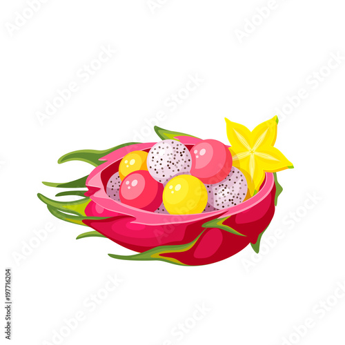 Summer tropical fruits for healthy lifestyle. Half of dragon fruit with salad, decorated with carambola. Vector illustration cartoon flat icon isolated on white.