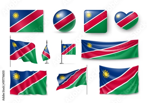 Set Namibia flags, banners, banners, symbols, flat icon. Vector illustration of collection of national symbols on various objects and state signs