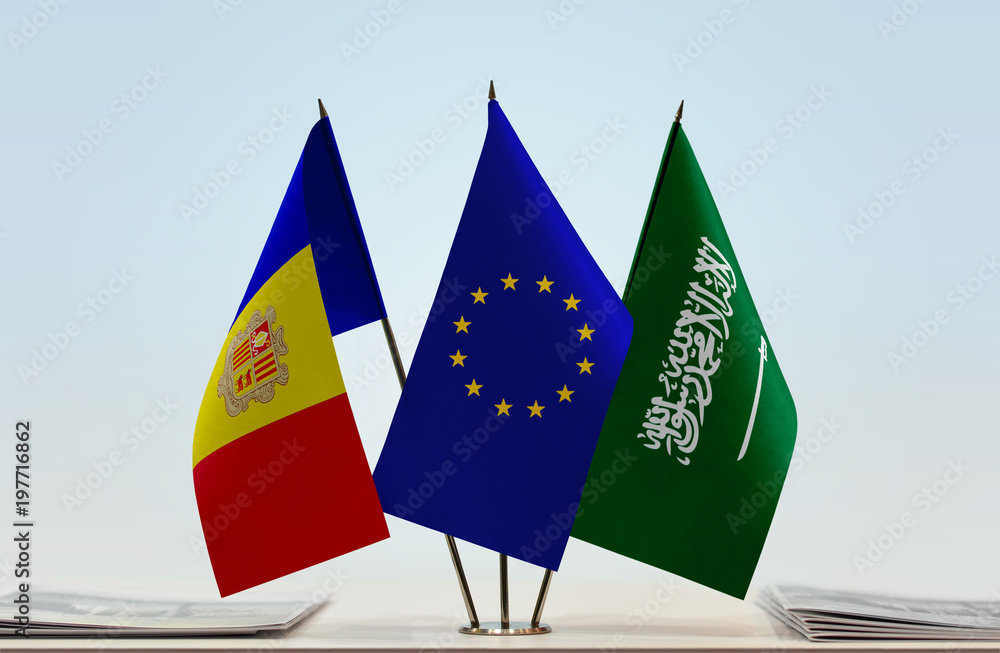 Flags of Andorra European Union and Saudi Arabia
