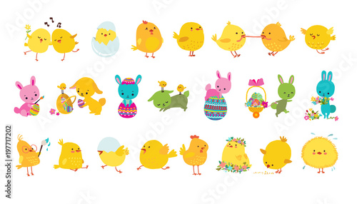 Foto Set of easter bunnies, chicks and eggs isolated icons on white background