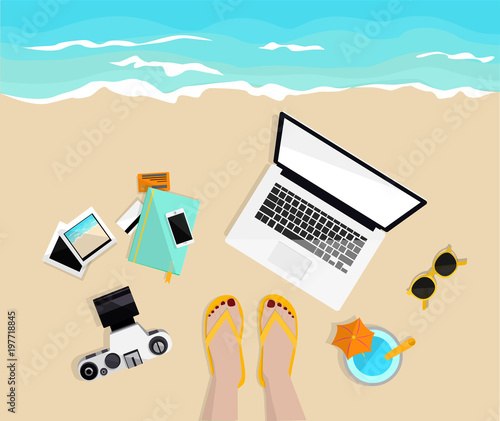 Freelance work. Mobile, notebook, camera, pictures and credit cards. Girl's legs on the beach. Top view. Hand drawn vector illustration. Freelancer life. Work and rest.
