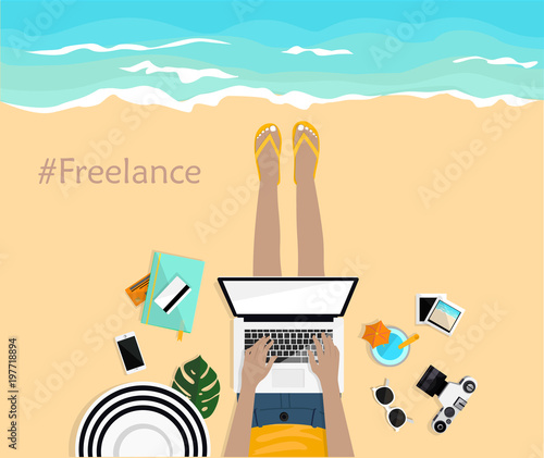 Summer background. with girl laying on the beach and typing on laptop. Top view. Hand drawn vector illustration. Freelancer.  Mobile, notebook, camera, pictures and credit cards. 