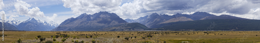 View of the alpine high mountains and the plateau of Mount Cook National Park