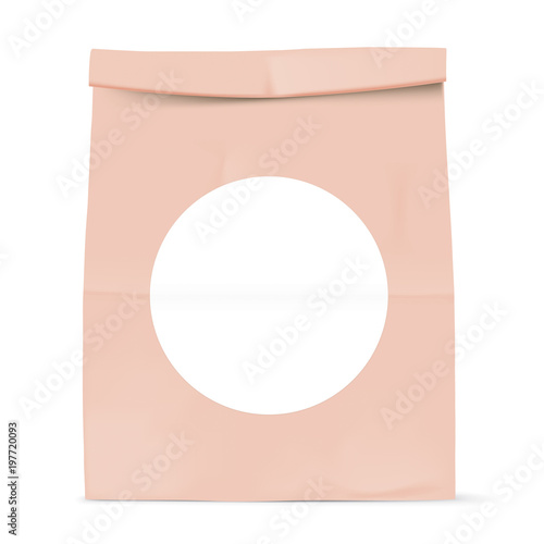 Brown paper bag isolated on background. Grocery kraft bag with white round sticker. Bag template.