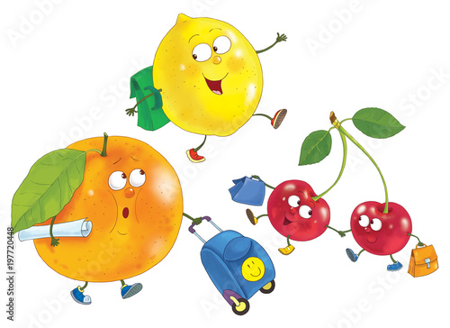 Fototapeta Naklejka Na Ścianę i Meble -  Funny fruits. Orange, lemon, cherry. Coloring page. Coloring book. Cute cartoon characters isolated on white background. 