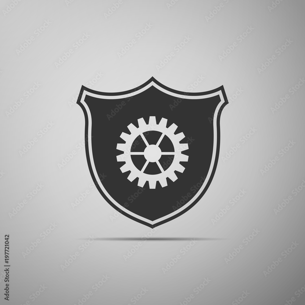 Shield with gear icon isolated on grey background. Flat design. Vector Illustration Shield with gear icon isolated on grey background. Flat design. Vector Illustration