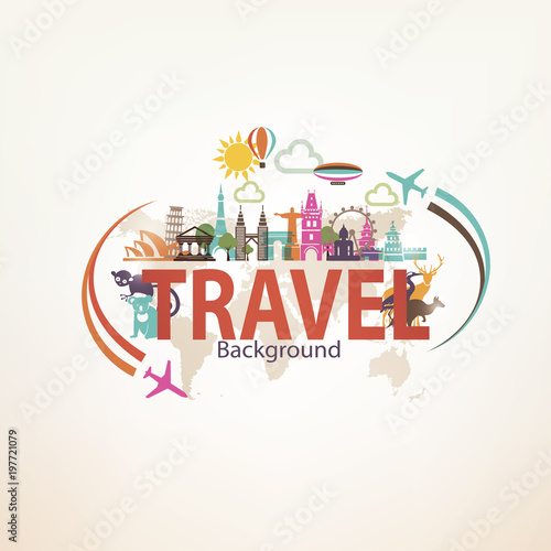 around the world travel background, landmarks and national symbols silhouettes icons set