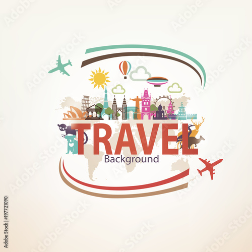 around the world travel background, landmarks and national symbols silhouettes icons set
