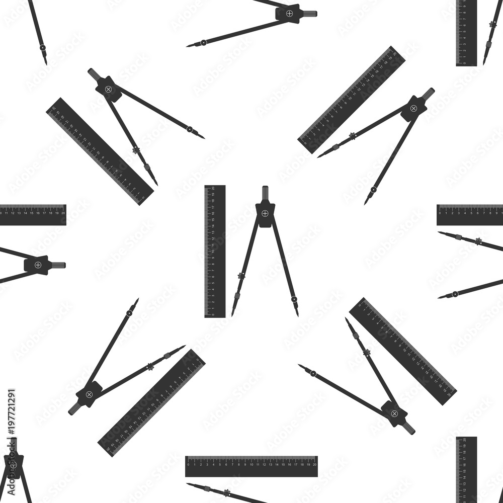 Ruler and drawing compass icon seamless pattern on white background. Drawing professional instrument. Geometric equipment. Education sign. Flat design. Vector Illustration