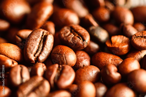 Close-up of brown roasted coffee beans