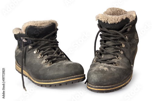 Old work boots and a white background. Isolated.