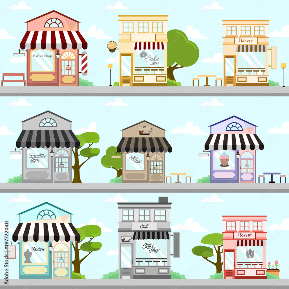 Various Store Front Building Background Illustration Design Set