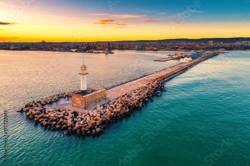 Aerial view of lighthouse at sunset in Varna, Bulgaria
