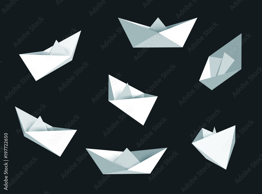 Set of vector handmade paper boat isolated on black background. Origami illustration. Set of vector handmade paper boat isolated on black background. Origami illustration.