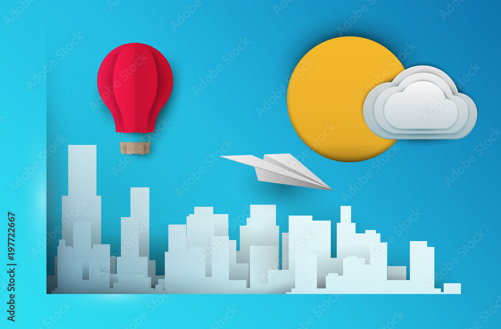 3d vector paper cut skyscrapers with airplane, balloon and cloud. Cartoon art illustration in minimalistic craft carving style. Modern layout colorful concept for background cover, poster, card.