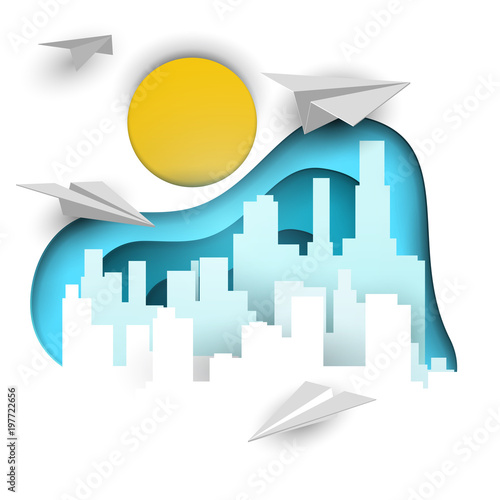 3d vector paper cut skyscrapers with airplanes and sun. Cartoon art illustration in minimalistic craft carving style. Modern layout colorful concept for background cover, poster, card.