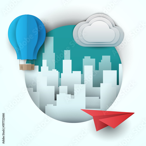 3d vector paper cut skyscrapers with airplane, balloon and cloud. Cartoon art illustration in minimalistic craft carving style. Modern layout colorful concept for background cover, poster, card.