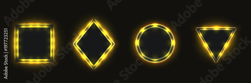 Abstract simple geometric shapes with realistic neon led backlighting behind isolated on black background. Template for banner, cover, poster. Vector illustration.