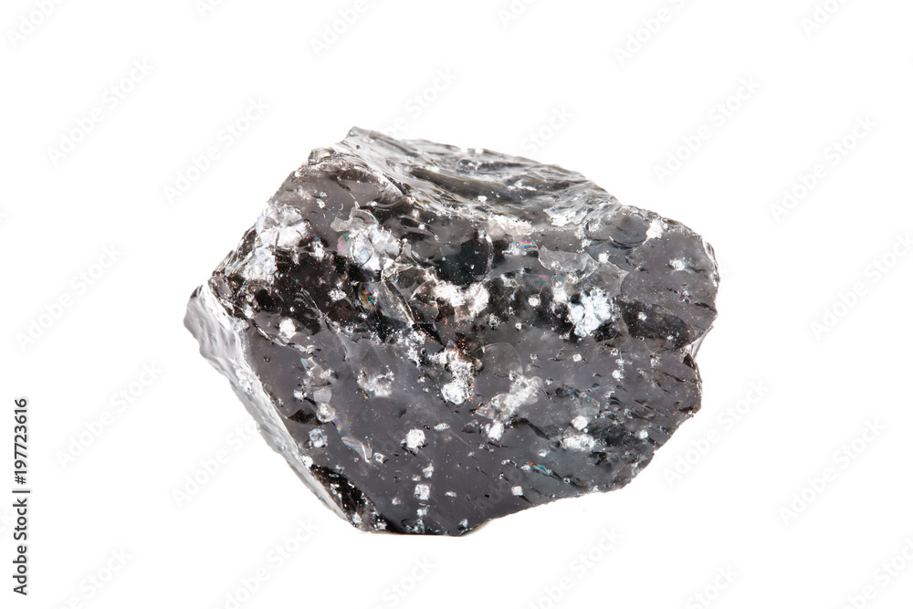 Macro shooting of natural gemstone. The raw mineral is obsidian, Indonesia. Isolated object on a white background.